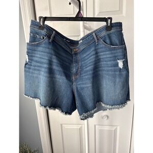 EVRI Womens 24W Short Denim Shorts Distressed Medium Wash Blue Frayed Hem Cut